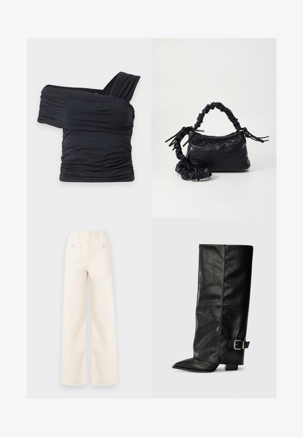 Top noir à épaules dénudées en tissu doux et extensible, présentant des détails froncés et une conception de large bretelle d'un côté.; Pantalons à jambes larges en coton ivoire. Dotés d'une taille haute, de deux poches arrière avec des boutons en métal, et d'une texture lisse et propre.; Bottes noires en cuir longueur cheville avec un bout pointu, texture lisse et une accent en boucle argentée sur le côté. Talon carré épais.; Sac à main en simili cuir noir avec une texture crocodile, un dessus resserré et une sangle froncée. A l'apparence douce et compacte.