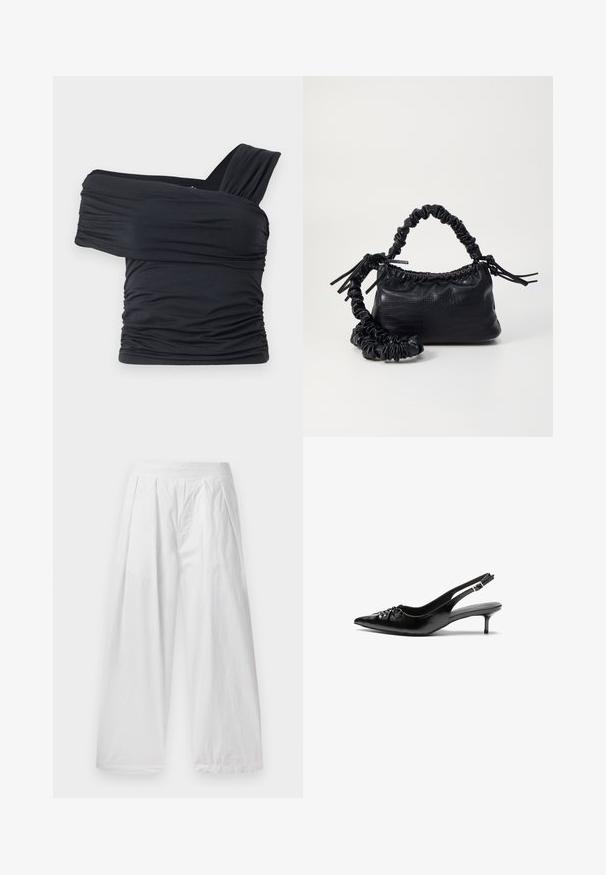 Black off-shoulder top made from soft, stretchy fabric, featuring ruched details and a wide strap design on one side.; White wide-leg trousers made from a lightweight fabric. Features a loose fit, pleats at the front, and an elastic waistband.; Black leather slingback heels with a pointed toe, small kitten heel, and a decorative knot detail on the front. Smooth texture throughout.; Black faux leather handbag with a crocodile texture, cinched top, and a scrunched strap. Appears soft and compact in design.