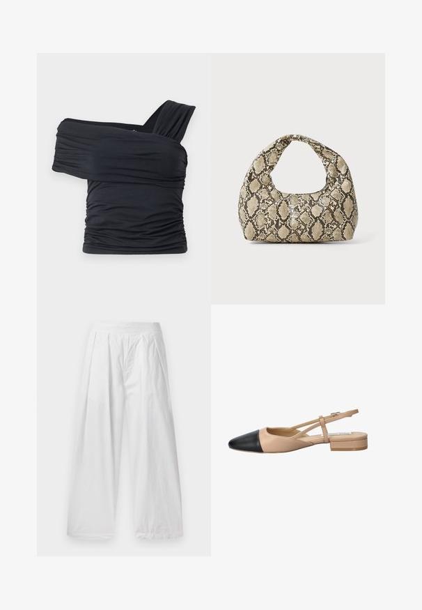 Melna off-shoulder gapģē jeb topiņš, kas izgatavots no mīksta, elastīga auduma, ar ručām un plašo siksnu dizainu vienā pusē.; Baltās platās bikšu bikses, kas izgatavotas no viegla auduma. Tām ir brīva piegriezuma, priekšā ir krokas, un jostasvieta ir elastīga.; Beidzējais un melns divu tonā sūkņis ar norāvu, ar norādītu pirkstu, plakanu papēdi un krustojuma siksnu detaļu. Gluda ādas tekstūra.; Čūsku raksta soma ar izliekto rokturi. Izgatavota no teksturētiem, bēšiem un brūniem materiāliem, ar izteiksmīgu dimanta rakstu.