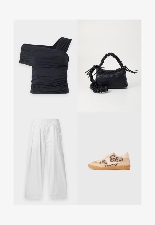 Schwarzes Off-Shoulder-Top aus weichem, elastischem Stoff, mit Rüschendetails und einem breiten Trägerdesign auf einer Seite.; Weiße, weit geschnittene Hosen aus leichtem Stoff. Sie haben einen lockeren Schnitt, Falten an der Vorderseite und einen elastischen Bund.; Löwenmuster-Sneaker mit beige Wildleder-Obermaterial, tanfarbener Gummisohle und weißen Akzenten. Runde Zehenform und Schnürdesign mit strukturiertem Finish.; Schwarze Handtasche aus Kunstleder mit Krokodilstruktur, gerafftem oberen Teil und einem geschoppten Tragegurt. Sie wirkt weich und kompakt im Design.