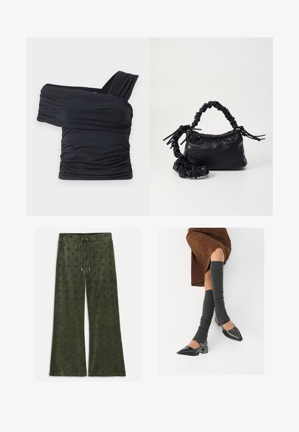 Black off-shoulder top made from soft, stretchy fabric, featuring ruched details and a wide strap design on one side.; Green velour pants with a flared shape, featuring an all-over pattern including crowns, cherries, hearts, and a logo, drawstring waist.; Black patent leather pointed-toe shoes with a block heel and ankle strap, paired with gray ribbed leg warmers and a brown suede skirt.; Black faux leather handbag with a crocodile texture, cinched top, and a scrunched strap. Appears soft and compact in design.