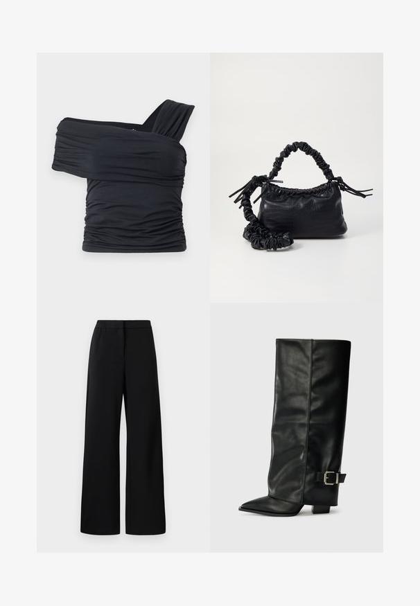 Črna majica brez naramnic, izdelana iz mehkega in raztegljivega materiala, z nabranimi detajli in širokim trakastim dizajnom na eni strani.; Črne široke hlače z elastičnim pasom in ravnim sprednjim delom, zasnovane za ohlapen in udoben fit.; Črne usnjene gležnjarje do gležnjev z ostrim nosom, gladko teksturo in srebrnim sponko akcentom na strani. Debel kvadratni peti.; Črna torbica iz umetnega usnja s krokodilovo teksturo, z zvitim vrhom in zmečkano naramico. Zdi se mehka in kompaktna v oblikovanju.