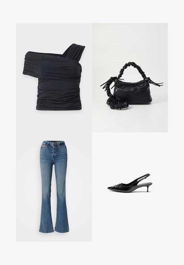 Black off-shoulder top made from soft, stretchy fabric, featuring ruched details and a wide strap design on one side.; High-waisted blue flared jeans made of denim featuring a button fly with five buttons, fading details, and a fitted silhouette through the thighs.; Black leather slingback heels with a pointed toe, small kitten heel, and a decorative knot detail on the front. Smooth texture throughout.; Black faux leather handbag with a crocodile texture, cinched top, and a scrunched strap. Appears soft and compact in design.