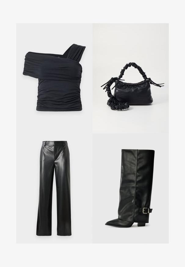 Čierny top bez ramienok vyrobený z jemného, elastického materiálu, s nariasenými detailmi a širokým dizajnom ramienka na jednej strane.; Čierne kožené široké nohavice s hladkou textúrou, s stredne vysokým pásom a jemnými prednými záhybmi.; Čierne kožené členkové topánky s špicatou špičkou, hladkou textúrou a striebornou prackou na boku. Masívny štvorcový podpätok.; Čierna umelá kožená kabelka s kroko vzorom, sťahovaným vrchom a zhnutým popruhom. Vyzerá mäkko a kompaktné v dizajne.