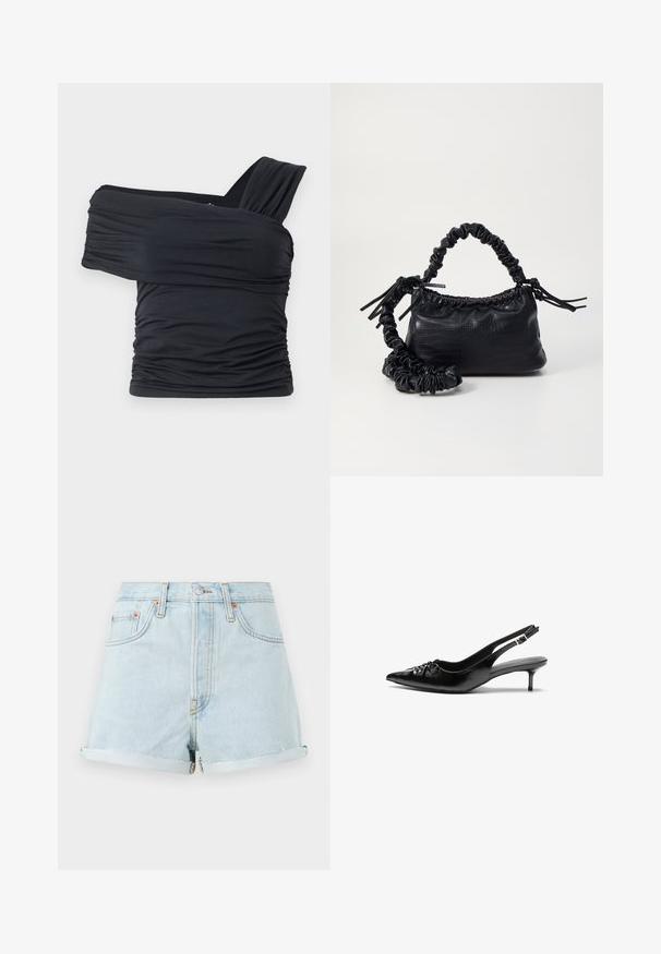 Must mustriba mustreenipee peal pehmed kudumeeliselt ja venivast kangast, omades rikutud detaile ja laia rihma disaini ühel küljel.; Heledad sinised teksapüksid kõrgema talje, üleskeeratud äärte, vasknupukeste ja esise kuluga. Omab klassikalist viie-tasku stiili.; Musthave nahkased kõrged kontsad, millel on terav varvas, väike kitten-kont ja dekoratiivne sõlm ees. Ühtlane sile tekstuur.; Must must sünteetilisest nahast käekott, millel on krokodillimuster, kokku tõmmatav ülaosa ja kortsus rihm. Tundub pehme ja kompaktne disain.