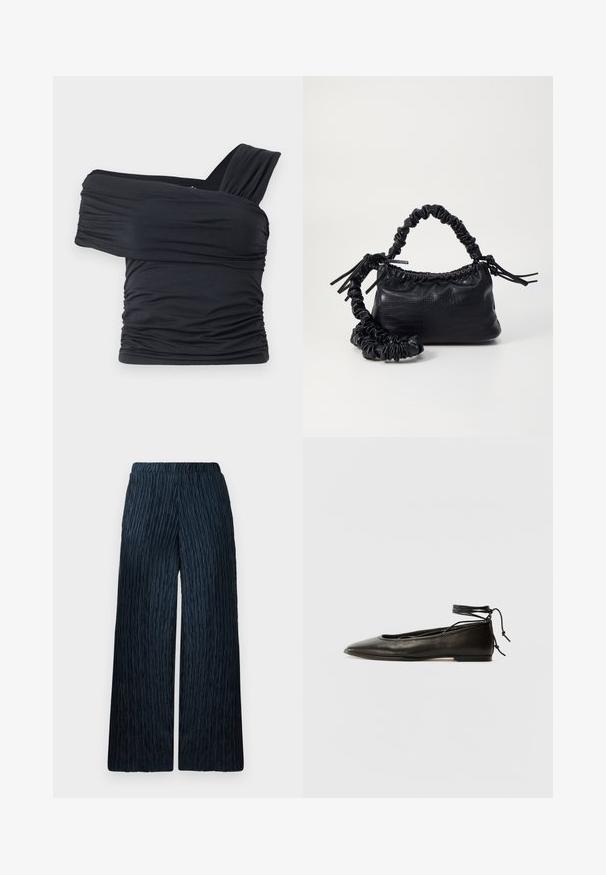 Schwarzes Off-Shoulder-Top aus weichem, elastischem Stoff, mit Rüschendetails und einem breiten Trägerdesign auf einer Seite.; Weite Beinform in dunkelblau mit strukturiertem, zerknittertem Stoff. Verfügt über einen elastischen Bund für Komfort und eine glatte Oberfläche.; Schwarze Leder-Ballerinas mit spitzem Zehenbereich, Knöchelband und flacher Sohle, die eine glatte Textur und ein minimalistisches Design aufweisen.; Schwarze Handtasche aus Kunstleder mit Krokodilstruktur, gerafftem oberen Teil und einem geschoppten Tragegurt. Sie wirkt weich und kompakt im Design.
