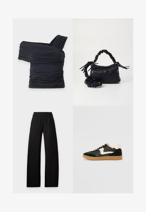 Top noir à épaules dénudées en tissu doux et extensible, présentant des détails froncés et une conception de large bretelle d'un côté.; Pantalons noirs à jambe large avec une taille élastique, présentant une texture lisse et une conception longue jusqu'au sol pour une coupe décontractée.; Baskets en daim et cuir noir avec un swoosh latéral crème et un talon crème clair. Dotées de lacets beige et d'une semelle en caoutchouc gomme.; Sac à main en simili cuir noir avec une texture crocodile, un dessus resserré et une sangle froncée. A l'apparence douce et compacte.