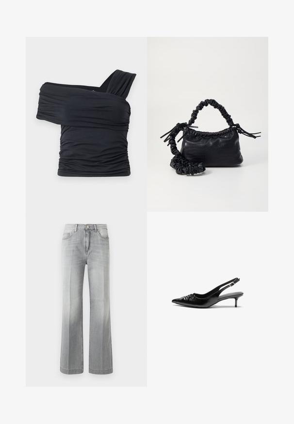Crna bluzica bez naramenica napravljena od mekog, rastezljivog materijala, sa nabranim detaljima i širokim remenom s jedne strane.; Sive široke traperice izrađene od denima, sa izblijedjelim izgledom, prednjim džepovima i zakopčavanjem na dugme. Glatka tekstura i ravno šivanje.; Crne kožne sandale na petu s remenom oko pete, špicastim vrhom, niskom petom u stilu kitten i naboranim detaljem na gornjem dijelu. Glatka tekstura i minimalistički dizajn.; Crna torba od umjetne kože s teksturom krokodila, s cinčanim vrhom i naboranom trakom. Izgleda mekano i kompaktno u dizajnu.