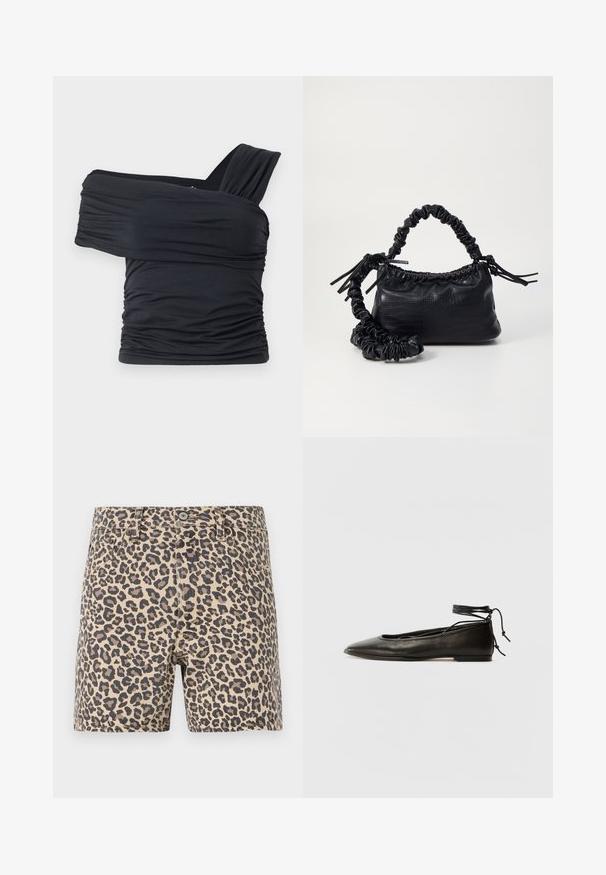Sort off-shoulder top lavet af blødt, strækbart stof, med rynkede detaljer og et bredt stropdesign på den ene side.; Leopardprint denim shorts i beige og sort. Klassisk fem-lomme design med knaplukning og bæltestropper. Glat tekstur.; Sorte læder ballerinaer med spids tå, ankelbinding og flad sål, der har en glat tekstur og minimalistisk design.; Sort kunstlæder håndtaske med krokodilteksur, indsnøret top og en sammenkrøben rem. Ser blød og kompakt ud i designet.