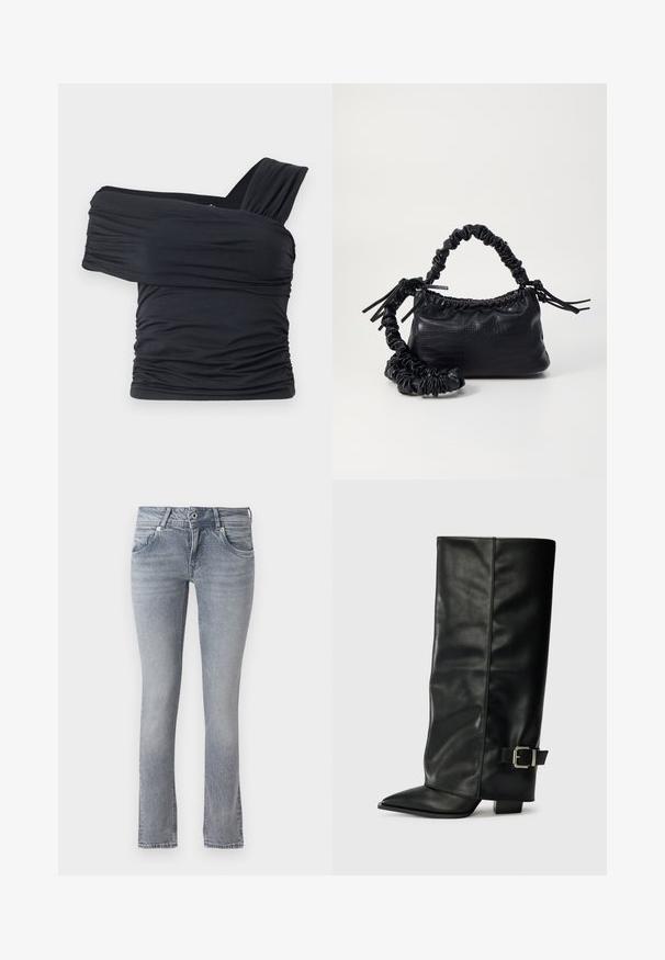 Top preto sem alças feito de um tecido macio e elástico, com detalhes franzidos e um design de alça larga de um lado.; Jeans de denim azul-claro com um design de perna reta, apresentando um acabamento ligeiramente desbotado, cinco bolsos e um fecho clássico de botão e zipper.; Botas de couro preto até ao tornozelo com ponta afiada, textura lisa e detalhe em fivela prateada de lado. Salto quadrado robusto.; Bolsa de mão em couro sintético preto com textura de crocodilo, topo franzido e alça enrugada. Apresenta um design suave e compacto.