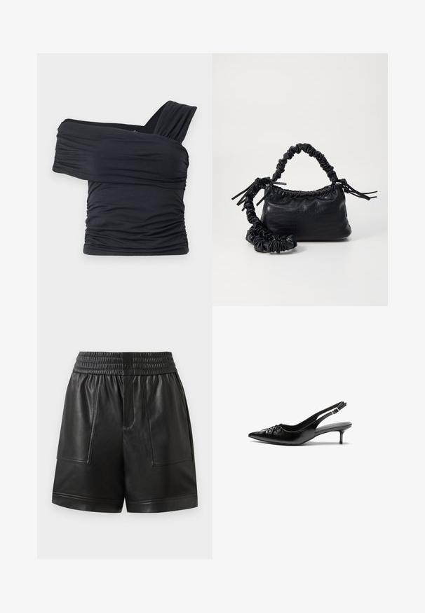 Top preto sem alças feito de um tecido macio e elástico, com detalhes franzidos e um design de alça larga de um lado.; Calções em material sintético preto, com cintura elástica, botão de pressão frontal, grandes bolsos frontais e bainha reta.; Sapatos de salto alto slingback em couro preto com bico fino, pequeno salto kitten e um detalhe decorativo em forma de nó na parte da frente. Textura suave em toda a parte.; Bolsa de mão em couro sintético preto com textura de crocodilo, topo franzido e alça enrugada. Apresenta um design suave e compacto.