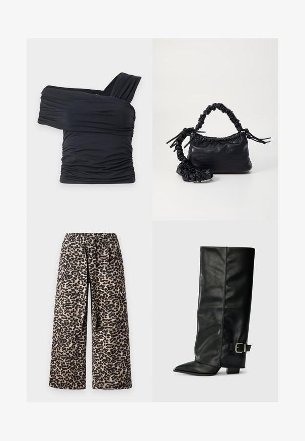 Črna majica brez naramnic, izdelana iz mehkega in raztegljivega materiala, z nabranimi detajli in širokim trakastim dizajnom na eni strani.; Hlače širokih nogavic v vzorcu leopardje kože, z barvno shemo črne in bež, mehkim materialom in elastičnim pasom za udobje.; Črne usnjene gležnjarje do gležnjev z ostrim nosom, gladko teksturo in srebrnim sponko akcentom na strani. Debel kvadratni peti.; Črna torbica iz umetnega usnja s krokodilovo teksturo, z zvitim vrhom in zmečkano naramico. Zdi se mehka in kompaktna v oblikovanju.
