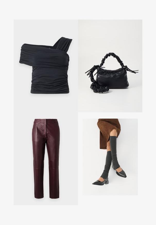 Zwarte off-shoulder top gemaakt van zachte, rekbare stof, met gerimpelde details en een bredere bandontwerp aan één kant.; Bordeaux leren broek met een getailleerd ontwerp, subtiele glans en een soepele textuur. Beschikt over een middelhoge taille en rechte pijpen.; Zwarte gepatineerde leren pumps met een puntige neus, een blokhak en een enkelbandje, gecombineerd met grijze geribde beenwarmers en een bruine suède rok.; Zwarte nepleer handtas met een krokodillenstructuur, opgedroogde bovenkant en een gekreukte hengsel. Het lijkt zacht en compact van ontwerp.