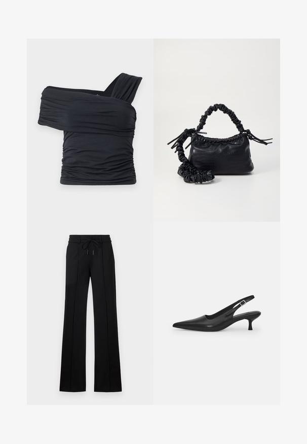 Schwarzes Off-Shoulder-Top aus weichem, elastischem Stoff, mit Rüschendetails und einem breiten Trägerdesign auf einer Seite.; Schwarze maßgeschneiderte Hose mit einem Zugbandsaum. Hat eine gerade Passform, zwei Frontnähte und einen glatten Stoff mit leichtem Glanz.; Schwarzer Leder-Slingback-Schuh mit spitzer Zehenform und schmalem, geschwungenem Absatz. Verfügt über einen unauffälligen verstellbaren Riemen mit einer Metallschnalle.; Schwarze Handtasche aus Kunstleder mit Krokodilstruktur, gerafftem oberen Teil und einem geschoppten Tragegurt. Sie wirkt weich und kompakt im Design.