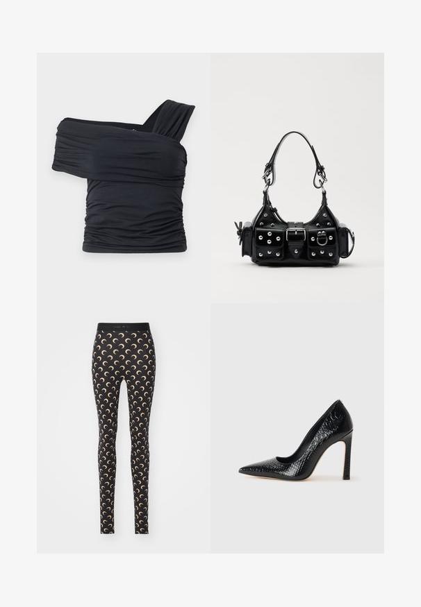Top noir à épaules dénudées en tissu doux et extensible, présentant des détails froncés et une conception de large bretelle d'un côté.; Leggings noirs avec un motif de croissant de lune en beige clair. Fabriqués en tissu extensible avec une taille élastique.; Escarpin noir à bout pointu avec texture en cuir de crocodile, présentant un design élégant, un haut talon aiguille et un intérieur noir lisse.; Sac à main en cuir noir au design courbé, avec des clous en argent, une boucle et deux poches latérales. Bandoulière réglable pour différentes options de transport.