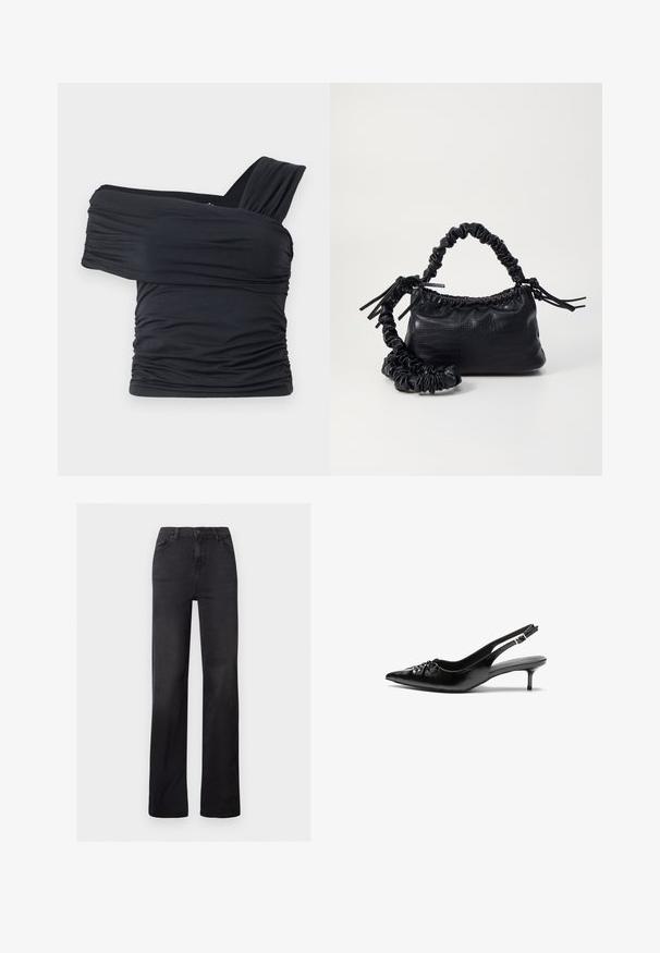 Melna off-shoulder gapģē jeb topiņš, kas izgatavots no mīksta, elastīga auduma, ar ručām un plašo siksnu dizainu vienā pusē.; Melnas džinsu auduma taisna piegriezuma bikses ar augstu vidukli, piecu kabatu dizainu un redzamu diegu šuvēm. Gluda tekstūra ar nedaudz izbalējušu apdari.; Melni ādas slingbeki ar smailu purngalu, zemu papēdi un savāktu detaļu uz virsmas. Gluda tekstūra un minimālistisks dizains.; Melnā mākslīgās ādas rokassoma ar krokodila rakstu, savilkta augšdaļa un saburzīta siksna. Izskatās mīksta un kompakta pēc dizaina.
