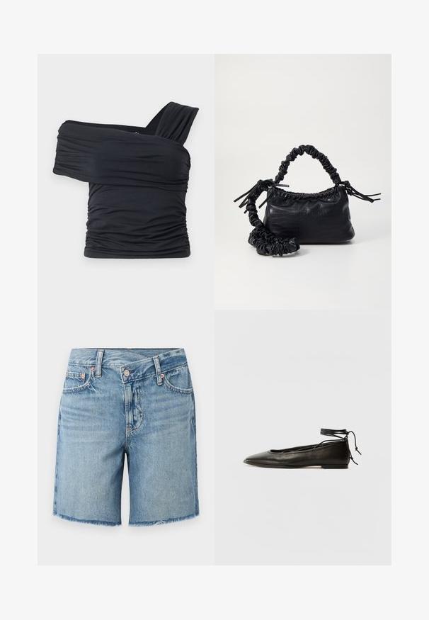 Zwarte off-shoulder top gemaakt van zachte, rekbare stof, met gerimpelde details en een bredere bandontwerp aan één kant.; Lichtblauwe denim shorts met een rafelige zoom, vijf-pocket ontwerp en klassieke knoopsluiting, met subtiele vervaging en contrasterende stiksels.; Zwarte leren balletschoenen met een spitse neus, enkelbandje en platte zool, voorzien van een gladde textuur en minimalistisch ontwerp.; Zwarte nepleer handtas met een krokodillenstructuur, opgedroogde bovenkant en een gekreukte hengsel. Het lijkt zacht en compact van ontwerp.