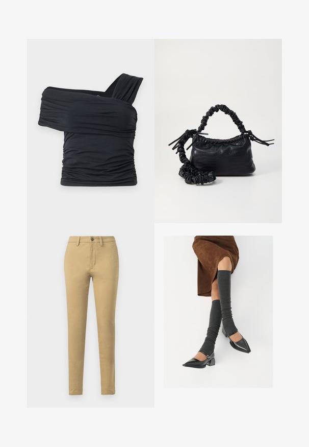 Black off-shoulder top made from soft, stretchy fabric, featuring ruched details and a wide strap design on one side.; Khaki chinos made of cotton blend fabric, featuring a slim fit, belt loops, front pockets, and a single button closure.; Black patent leather pointed-toe shoes with a block heel and ankle strap, paired with gray ribbed leg warmers and a brown suede skirt.; Black faux leather handbag with a crocodile texture, cinched top, and a scrunched strap. Appears soft and compact in design.