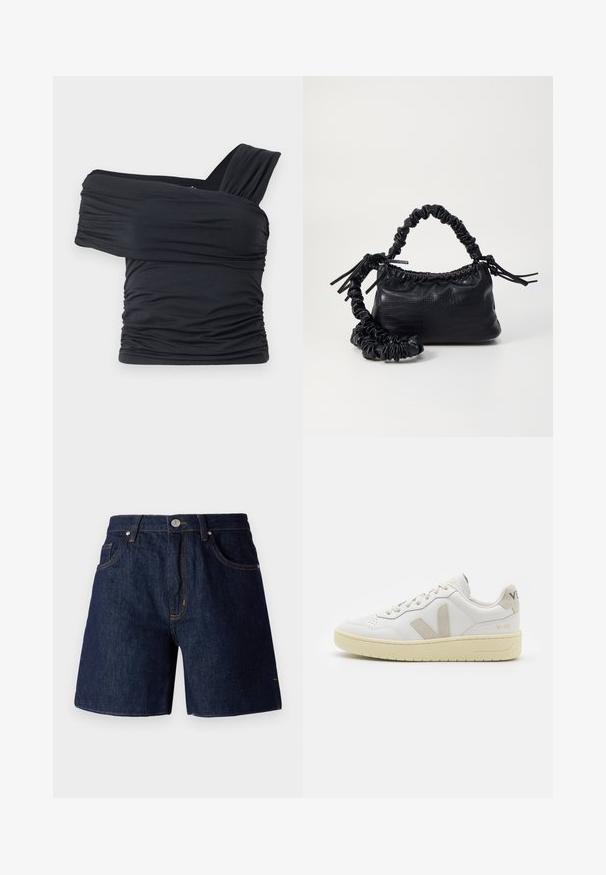 Čierny top bez ramienok vyrobený z jemného, elastického materiálu, s nariasenými detailmi a širokým dizajnom ramienka na jednej strane.; Džínové šortky v tmavomodrej farbe s kontrastným oranžovým prešívaním. Obsahujú päť vreciek, zapínanie na gombík a rovný strih nohavíc.; Biele kožené tenisky s béžovými semišovými akcentmi, perforovanou špičkou, plochými šnúrkami a textúrovanou krémovou podrážkou. Obsahujú jemné označenie na päte.; Čierna umelá kožená kabelka s kroko vzorom, sťahovaným vrchom a zhnutým popruhom. Vyzerá mäkko a kompaktné v dizajne.