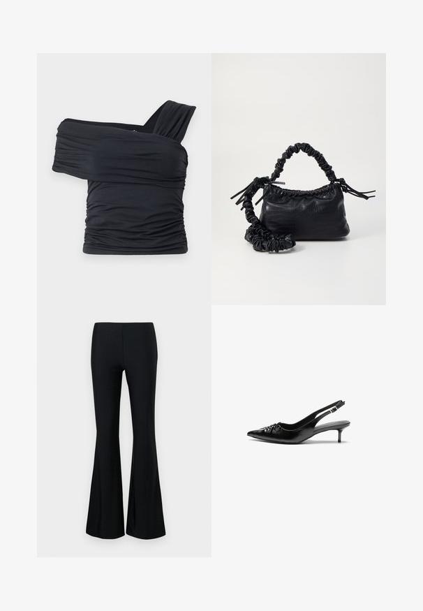 Black off-shoulder top made from soft, stretchy fabric, featuring ruched details and a wide strap design on one side.; Black flared trousers made of lightweight fabric, featuring a subtle perforated pattern. The silhouette is fitted through the thigh, flaring at the bottom.; Black leather slingback heels with a pointed toe, small kitten heel, and a decorative knot detail on the front. Smooth texture throughout.; Black faux leather handbag with a crocodile texture, cinched top, and a scrunched strap. Appears soft and compact in design.