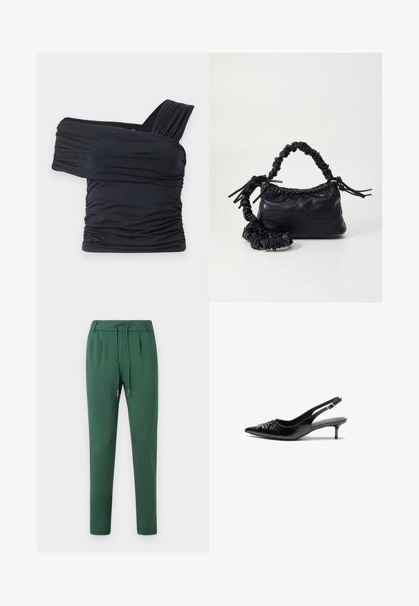 Black off-shoulder top made from soft, stretchy fabric, featuring ruched details and a wide strap design on one side.; Green sweatpants made of soft fabric, featuring an elastic waistband with a drawstring, tapered legs, and side pleat details.; Black leather slingback heels with a pointed toe, low kitten heel, and gathered detail on the vamp. Smooth texture and minimalist design.; Black faux leather handbag with a crocodile texture, cinched top, and a scrunched strap. Appears soft and compact in design.