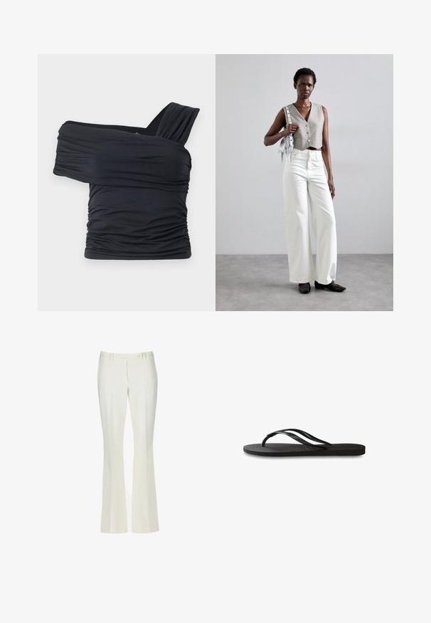 Črna majica brez naramnic, izdelana iz mehkega in raztegljivega materiala, z nabranimi detajli in širokim trakastim dizajnom na eni strani.; Bele široke hlače iz gladkega materiala. Imajo dva sprednja žepa in en sam sprednji gumb za zapiranje, z diskretnim črtastim detajlom.; Črne natikače z teksturirano gumijasto podlogo, dvema ozkima trakoma in subtilnim, vtisnjenim logom na traku.; Siv prirezani telovnik z gumbi, v kombinaciji z belimi širokimi kavbojkami in črnimi ravnimi čevlji. Opremljen z majhno srebrno torbico z resicami.