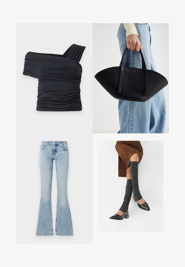 Fekete, vállnélküli felső, puha, rugalmas anyagból, fodros részletekkel és egyoldali széles pánttal.; Világoskék farmerekből készült, trapézszárú nadrág, közepes derékmagassággal, öt zsebbel és varrott részletekkel az összevarrások mentén, fémből készült gombos záródással.; Fekete lakk bőrből készült, hegyes orrú cipők, tömbsarkúakkal és bokapánttal, szürke bordás lábszármelegítőkkel és barna velúr szoknyával párosítva.; Fekete bőr kézitáska egyedi legyezőformával, lapos füllel. A felülete kőriszerű textúrájú és minimalista dizájnnal rendelkezik.