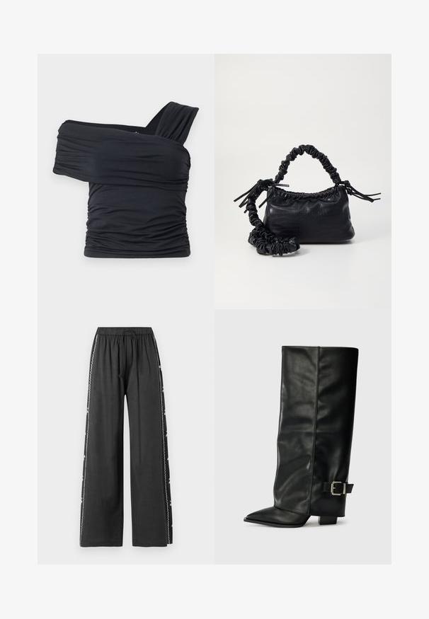 Melna off-shoulder gapģē jeb topiņš, kas izgatavots no mīksta, elastīga auduma, ar ručām un plašo siksnu dizainu vienā pusē.; Melni platajā kāju bikses ar elastīgu jostu un auklu, kurām ir baltas izšūtās detaļas gar sānu šuvi. Gluda textures.; Melni ādas potītes zābaki ar asu purngalu, gludu virsmu un sudraba sprādzi uz sāniem. Masīvs kvadrātveida papēdis.; Melnā mākslīgās ādas rokassoma ar krokodila rakstu, savilkta augšdaļa un saburzīta siksna. Izskatās mīksta un kompakta pēc dizaina.
