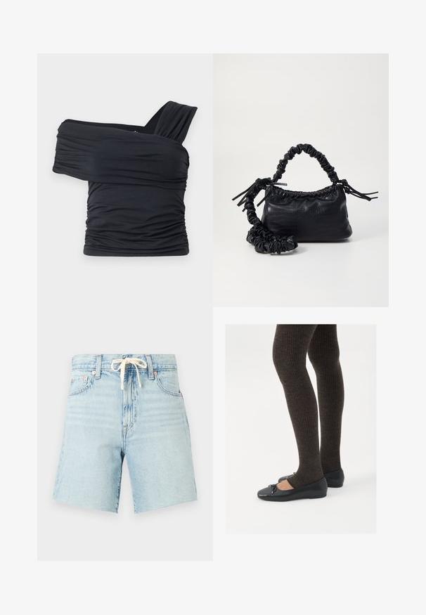 Čierny top bez ramienok vyrobený z jemného, elastického materiálu, s nariasenými detailmi a širokým dizajnom ramienka na jednej strane.; Svetlomodré džínsové šortky s pásom na šnúrku, mierne rozstrapkaným lemom a piatimi vreckami. Majú vyblednutú textúru a medené nitové akcenty.; Čierne ploché topánky s malou mašľou na špičke, v kombinácii s tmavohnedými rebrovanými pančuchami. Topánky majú hladký povrch a nízky profil.; Čierna umelá kožená kabelka s kroko vzorom, sťahovaným vrchom a zhnutým popruhom. Vyzerá mäkko a kompaktné v dizajne.