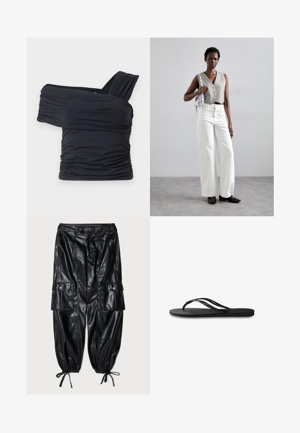 Czarny top bez ramion wykonany z miękkiego, elastycznego materiału, z marszczonymi detalami i szerokim paskiem po jednej stronie.; Czarne skórzane spodnie cargo o luźnym kroju, zebranymi mankietami, wieloma kieszeniami oraz gładką, błyszczącą fakturą. Wyróżniają się akcentami z guzikami.; Czarne klapki z teksturowaną gumową podeszwą, dwiema smukłymi paskami oraz subtelnym, wytłoczonym logo na pasku.; Szary krótki kamizelka z guzikami, zestawiona z białymi szerokimi spodniami dżinsowymi i czarnymi płaskimi butami. Uzupełniona o małą srebrną torebkę z frędzlami.