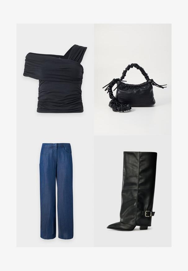 Μαύρο τοπ χωρίς ώμους φτιαγμένο από μαλακό, ελαστικό ύφασμα, με ραμμένες λεπτομέρειες και σχέδιο φαρδιάς τιράντας από τη μία πλευρά.; Πλατιά τζιν παντελόνια σε σκούρο μπλε χρώμα. Φτιαγμένα από βαμβάκι με λεία υφή. Διαθέτουν δύο μπροστινές τσέπες και κούμπωμα με κουμπί στη μέση.; Μαύρες δερμάτινες μποτές μέχρι τον αστράγαλο με τετραγωνισμένο ρυθμό, λεία υφή και ασημένια αγκράφα στο πλάι. Χοντρό τετράγωνο τακούνι.; Μαύρη τσάντα από faux δέρμα με υφή κροκοδείλου, κλειστή στο επάνω μέρος και με ρυτιδωμένο λουρί. Φαίνεται μαλακή και συμπαγής στο σχέδιο.