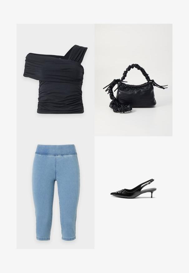 Top nero senza spalline realizzato in tessuto morbido e elasticizzato, con dettagli arricciati e un design con fascia larga su un lato.; Pantaloni capri in denim azzurro chiaro con vita elastica, caratterizzati da una texture liscia e cuciture a vista, che terminano leggermente sotto il polpaccio.; Tacchi slingback in pelle nera con punta affusolata, piccolo tacco kitten e un dettaglio a nodo decorativo sulla parte anteriore. Texture liscia su tutta la superficie.; Borsa a tracolla in ecopelle nera con texture a coccodrillo, apertura cinchata e tracolla arricciata. Si presenta con un design morbido e compatto.