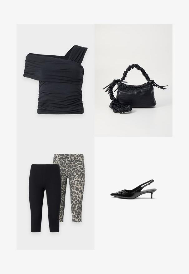 Must mustriba mustreenipee peal pehmed kudumeeliselt ja venivast kangast, omades rikutud detaile ja laia rihma disaini ühel küljel.; Kaks paari lühikesi retuuse: üks ühtlane must, teine hall leopardimustriga. Pehme, veniv kangas ja elastne vöökoht.; Musthave nahkased kõrged kontsad, millel on terav varvas, väike kitten-kont ja dekoratiivne sõlm ees. Ühtlane sile tekstuur.; Must must sünteetilisest nahast käekott, millel on krokodillimuster, kokku tõmmatav ülaosa ja kortsus rihm. Tundub pehme ja kompaktne disain.