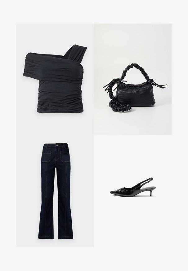 Black off-shoulder top made from soft, stretchy fabric, featuring ruched details and a wide strap design on one side.; Dark blue flared jeans made of denim, featuring a high waist, two back pockets, and visible stitching along the seams.; Black leather slingback heels with a pointed toe, low kitten heel, and gathered detail on the vamp. Smooth texture and minimalist design.; Black faux leather handbag with a crocodile texture, cinched top, and a scrunched strap. Appears soft and compact in design.