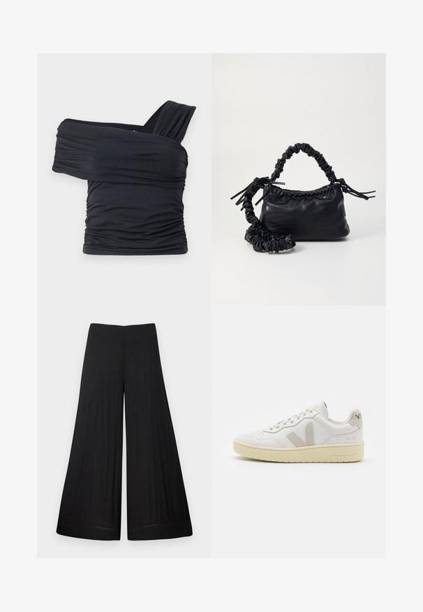 Top negru, cu umeri golași, fabricat dintr-un material moale și elastic, având detalii plissate și un design cu bretele late pe o parte.; Pantaloni negri cu picioare largi, confecționați dintr-un material ușor. Au o talie plată și material fluid, cu detalii de cusătură minime.; Pantofii sport din piele albă cu accente din suede bej, cutie pentru degete perforată, șireturi plate și o talpă texturată de crem. Prezintă branding subtil pe călcâi.; Geantă din faux leather neagră cu textură de crocodil, cu partea superioară strânsă și o curea mototolită. Pare moale și compactă ca design.