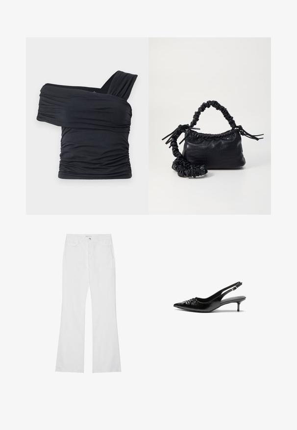 Black off-shoulder top made from soft, stretchy fabric, featuring ruched details and a wide strap design on one side.; White flared jeans in cotton denim, featuring two front pockets, a zip fly, and a metal button. Smooth texture with minimal detailing.; Black leather slingback heels with a pointed toe, small kitten heel, and a decorative knot detail on the front. Smooth texture throughout.; Black faux leather handbag with a crocodile texture, cinched top, and a scrunched strap. Appears soft and compact in design.