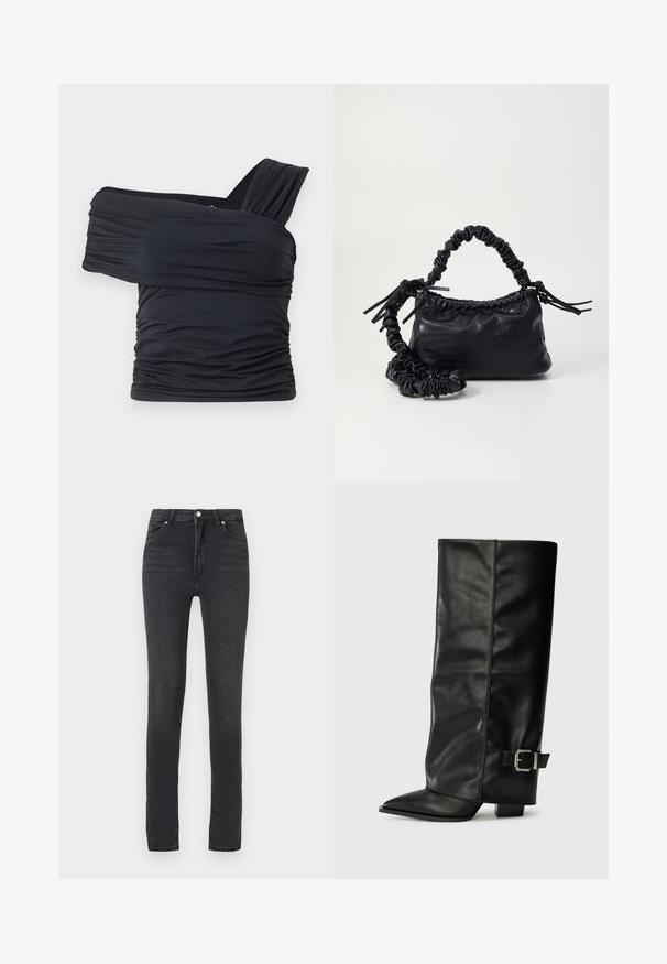Crna bluzica bez naramenica napravljena od mekog, rastezljivog materijala, sa nabranim detaljima i širokim remenom s jedne strane.; Crne uske traperice s visokim strukom, napravljene od rastezljivog denima, imaju petlje za remen, minimalno šivenje i klasični dizajn s pet džepova.; Crne kožne čizme do gležnja sa šiljastim vrhom, glatkom teksturom i srebrnim kopčanjem sa strane. Debela kvadratna peta.; Crna torba od umjetne kože s teksturom krokodila, s cinčanim vrhom i naboranom trakom. Izgleda mekano i kompaktno u dizajnu.