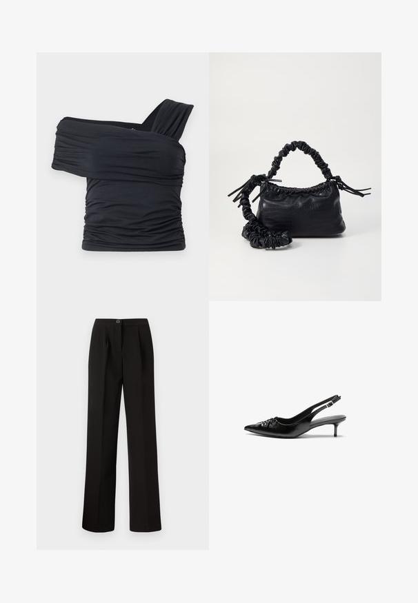 Black off-shoulder top made from soft, stretchy fabric, featuring ruched details and a wide strap design on one side.; Black trousers with a straight-leg design, featuring front pleats, a button closure, and a smooth, textured fabric.; Black leather slingback heels with a pointed toe, small kitten heel, and a decorative knot detail on the front. Smooth texture throughout.; Black faux leather handbag with a crocodile texture, cinched top, and a scrunched strap. Appears soft and compact in design.