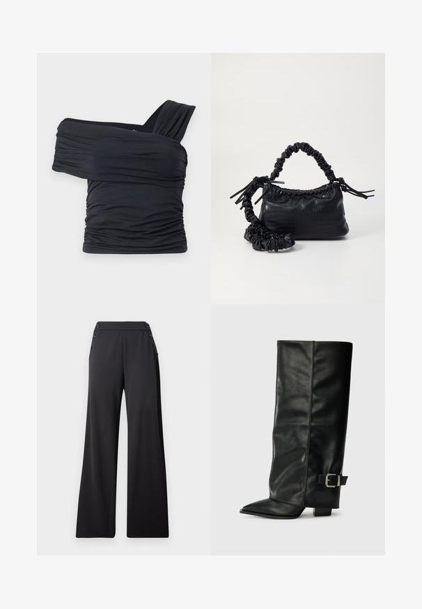 Czarny top bez ramion wykonany z miękkiego, elastycznego materiału, z marszczonymi detalami i szerokim paskiem po jednej stronie.; Czarne spodnie w stylu wide-leg z wysokim stanem i dekoracyjnymi guzikami po bokach, wyeksponowane na płaskiej powierzchni na jednolitym tle.; Czarne skórzane botki do kostek z ostrym noskiem, gładką fakturą i srebrnym zapięciem z boku. Gruby kwadratowy obcas.; Czarna torebka z syntetycznej skóry o teksturze krokodyla, z zaciąganym górnym zamknięciem i marszczonym paskiem. Wygląda na miękką i zwartą w designie.