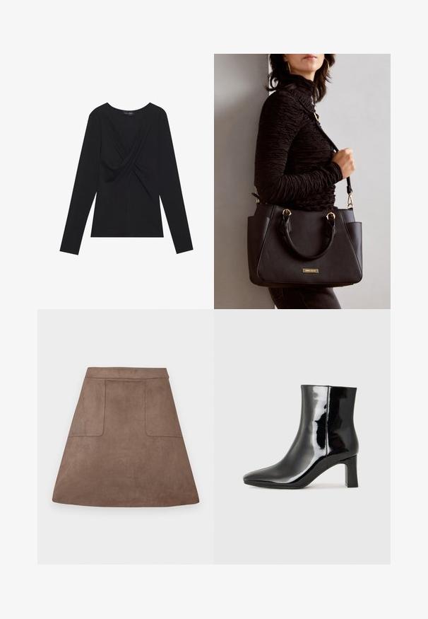 Svart langermet topp for kvinner med vridd frontdetalj og rund hals, laget av myk stoff.; Brun suedes A-linjekjole med en glatt tekstur, med to frontlommer og en sømløs midje, designet for lengde over kneet.; Sorte patentlær ankle boot med spiss tå og en mellomhøy blokkhelt. Glatt tekstur og minimalistisk design.; Svart håndveske med teksturert overflate, doble topphåndtak og justerbar skulderrem. Har detaljer i gulltone og sidelommer.