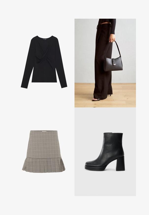 T-shirt noir à manches longues pour femmes avec un détail noué à l'avant et un col rond, fabriqué en tissu doux.; Jupe à carreaux gris avec un ourlet évasé, présentant un design plissé subtil et une taille ajustée. Fabriquée en tissu léger.; Bottine en cuir noir avec un talon bloc et une semelle plateforme, vue de côté sur un fond blanc uni.; Sac à main noir à la forme structurée, texture lisse et fermoir métallique. Associé à un pantalon noir ample et des sandales ouvertes sur un sol en bois.