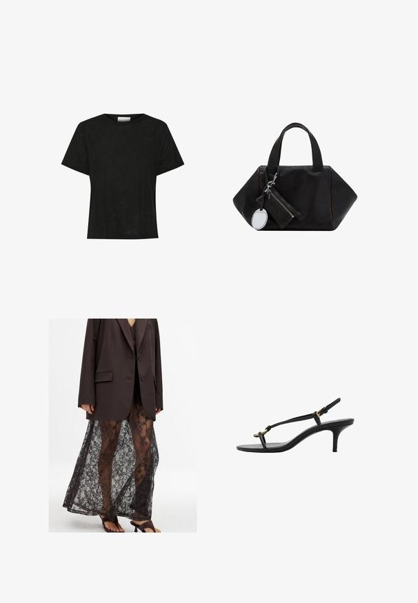 T-shirt nero a maniche corte realizzato in tessuto leggero. Design con collo rotondo e vestibilità comoda, con una texture minimale, adatto per un look informale.; Blazer marrone oversize su una gonna in pizzo nero trasparente con motivi floreali, abbinato a sandali con tacco neri.; Sandal con zeppa kitten nera in pelle, con sottili cinturini, fibbia dorata e una minimalista fascetta per le dita su sfondo bianco.; Borsa a mano in pelle nera con un design geometrico, due manici corti e un pouch con zip removibile e un ciondolo a specchio rotondo.