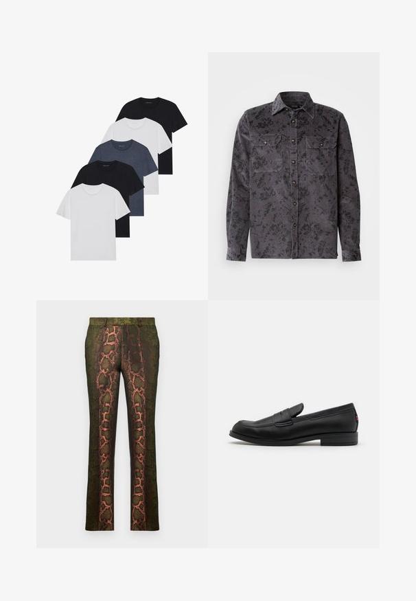 Piecu T-kreklu komplekts melnā, baltā un tumši zilā krāsā. kokvilnas audums, īsas piedurknes, apļveida kakla dizains un vienkārša faktūra bez rakstiem.; Pelēka korduroja krekls ar melnu ziedu rakstu, divas krūšu kabatas, norādīts apkakle un metāla pogas. Tekstūrēta auduma ar vertikālām ribām.; Zaļas bikses ar rakstu, kas iekļauj čūsku drukājumu brūnos un oranžos toņos, taisna silueta un gluda tekstūra.; Melnas ādas loafers ar gludu apdari, noapaļotu purngalu un mazu dekoratīvu flap. Ietver zemu kraujošu papēdi un smalku zīmola detalizāciju.