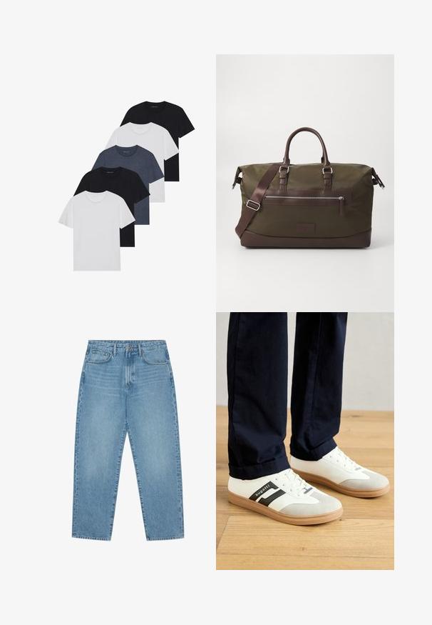 Conjunto de cinco camisetas en negro, blanco y azul marino. Tejido de algodón, de manga corta, diseño de cuello redondo y textura lisa sin patrones.; Jeans de denim azul claro de pierna ancha con cintura alta, que cuentan con cinco bolsillos, trabillas para cinturón y una textura suave y ligeramente deslavada.; Zapatillas blancas y grises con rayas negras, hechas de cuero, con suela de goma y cordones planos. Llevadas con pantalones color navy sobre un suelo de madera.; Bolsa de lona tipo duffel en color verde oliva con acentos de cuero marrón, que presenta asas dobles, una correa de hombro desmontable y un bolsillo con cremallera en la parte frontal.