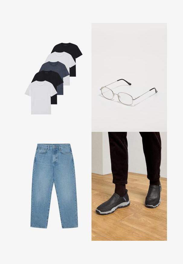 Viie t-särgi komplekt mustas, valges ja tumesinisest. Puuvillane kangas, lühikesed varrukad, ümar kaelaauk ja ühtlane tekstuur ilma mustriteta.; Hele sinised teksapüksid sirge säärega, viie taskuga disain ja kergelt tuhmunud tekstuuriga. Varustatud nupuga ja luku sulgemisega.; Mustad musta värvi libisemisega kingad, millel on tekstureeritud nahk ja hall kummist välistald, asetatud puidust põranda ja korduroo pükste taustale.; Metallraamidega prillid, ovaalse raamiga, hõbedaste äärtega ja selgete läätsedega. Õhukesed, sirged käepidemed mustade otstega, minimalistlik disain.