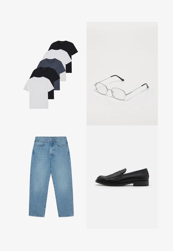 Sæt af fem t-shirts i sort, hvid og marineblå. 100% bomuldsstof, korte ærmer, rund halsudskæring og ensartet overflade uden mønstre.; Lyseblå denimjeans med lige ben, fem-lomme design og en let falmet struktur. Indeholder knap- og lynlåslukning.; Sorte læder loafers med en glat finish, rund tå og en lille dekorativ flap. Har en lav stablet hæl og en subtil brandingdetalje.; Metal briller med en oval ramme, sølvfarvede bezel og klare linser. Slanke, lige arme med sorte spidser, minimalistisk design.