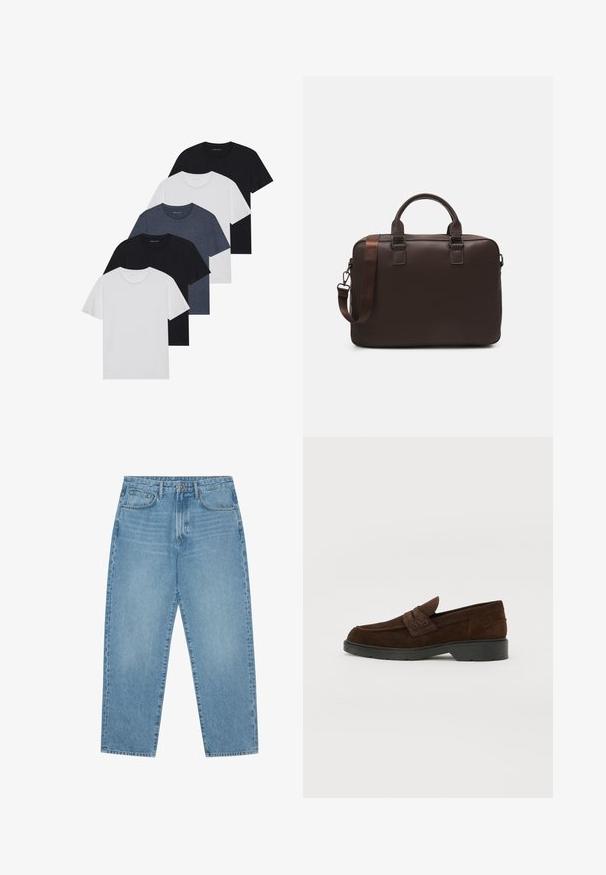 Set of five t-shirts in black, white, and navy blue. Cotton fabric, short sleeves, crew neck design, and plain texture with no patterns.; Light blue denim jeans with a straight-leg cut, five-pocket design, and a slightly faded texture. Features a button and zipper closure.; Brown suede loafers with a rounded toe and sturdy black rubber sole. Features a decorative strap and stitching on the upper.; Brown leather laptop bag with a textured surface, dual top handles, adjustable strap, and two front buckles for added detail.