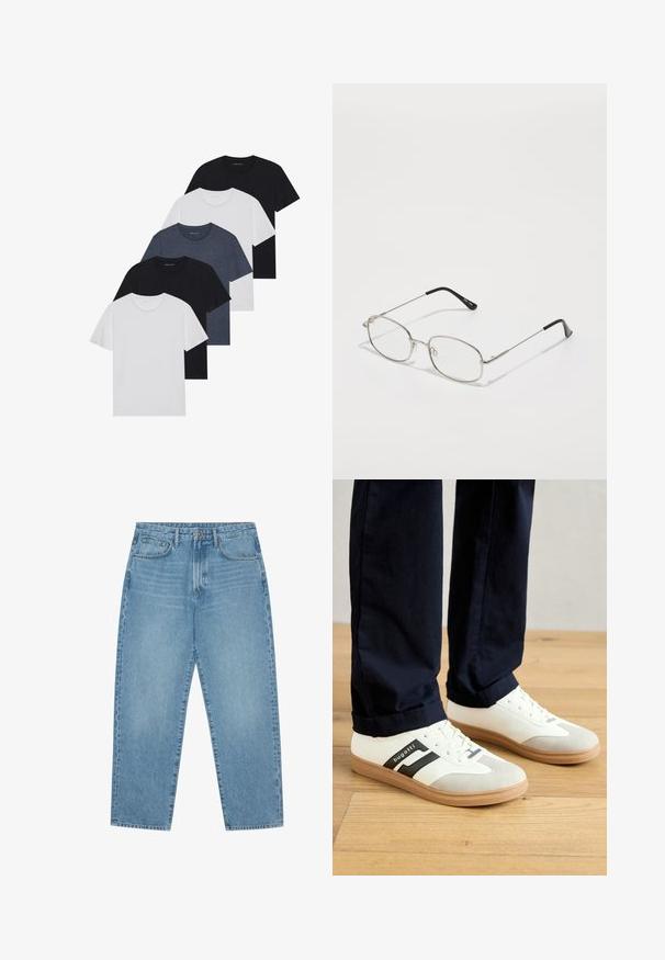 Ensemble de cinq t-shirts en noir, blanc et bleu marine. Tissu en coton, manches courtes, design col rond et texture unie sans motifs.; Jean en denim bleu clair avec une coupe droite, design cinq poches et une texture légèrement délavée. Dispose d'une fermeture à bouton et à glissière.; Baskets blanches et grises avec des rayures noires, en cuir, dotées d'une semelle en caoutchouc et de lacets plats. Portées avec un pantalon marine sur un sol en bois.; Lunettes en métal avec une monture ovale, des biseaux argentés et des verres transparents. Branches droites et fines avec des embouts noirs, design minimaliste.