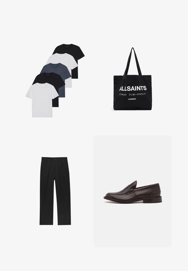 Zestaw pięciu koszulek w kolorach czarnym, białym i granatowym. Wykonane z bawełny, z krótkimi rękawami, klasycznym dekoltem i gładką fakturą, bez wzorów.; Czarne spodnie o prostym kroju, wykonane z gładkiego materiału. Posiadają zakładki z przodu i pojedyncze zapięcie na guziki w pasie.; Tricker's JAMES brązowy; Czarna torba na ramię z płótna z wyraźnym białym napisem "ALLSAINTS" oraz mniejszym tekstem w języku japońskim i napisem "LONDYN" na dole. Dwie długie uchwyty.