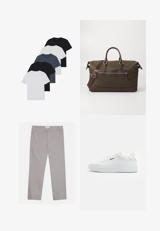 Viie t-särgi komplekt mustas, valges ja tumesinisest. Puuvillane kangas, lühikesed varrukad, ümar kaelaauk ja ühtlane tekstuur ilma mustriteta.; Heledad hallid puuvillased püksid, millel on elastne vöökoht, kaks külgtaskut, sirge jala disain ja sile tekstuur. Lihtne õmbluse detail.; Valged nahast spordijalatsid, millel on tekstureeritud pind, ümmargune varvas, lame kummist tald ja tugevdatud konts, millel on minimalistlik disain ja hõbedane aktsent.; Olive roheline kanvasist duffel kott pruuni nahkdetailidega, omab kaht käepidet, eemaldatavat õlavarre rihma ja esiküljel lukuga taskut.